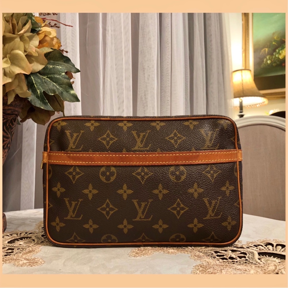 Louis Vuitton Brown Monogram Canvas Clutch with Tan Trim